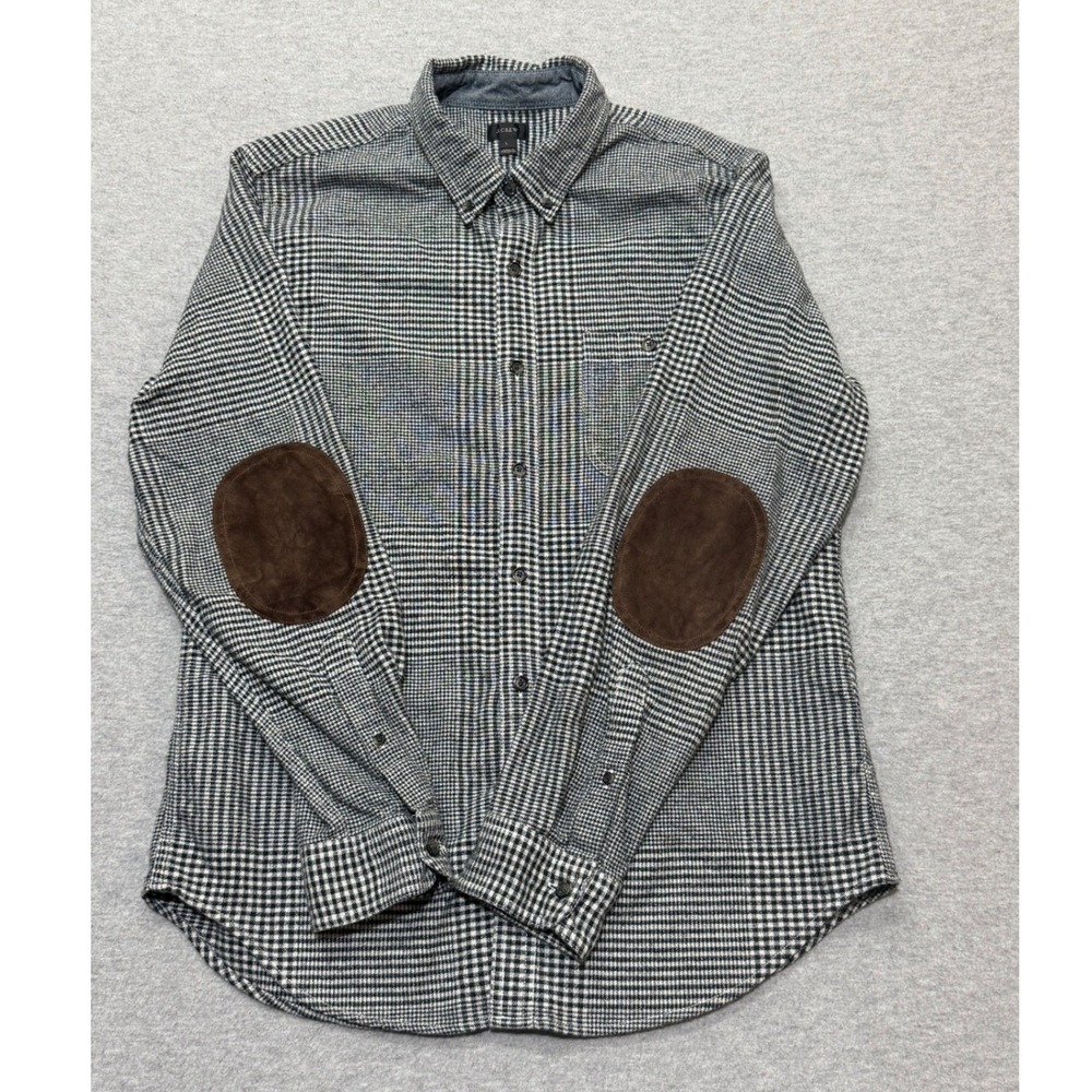 J.Crew Mens Wool Blend Glen Plaid Shirt Leather Elbow Patches Black White Large